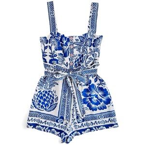 💙 Farm Rio Blue & White Floral Printed Romper – Size M